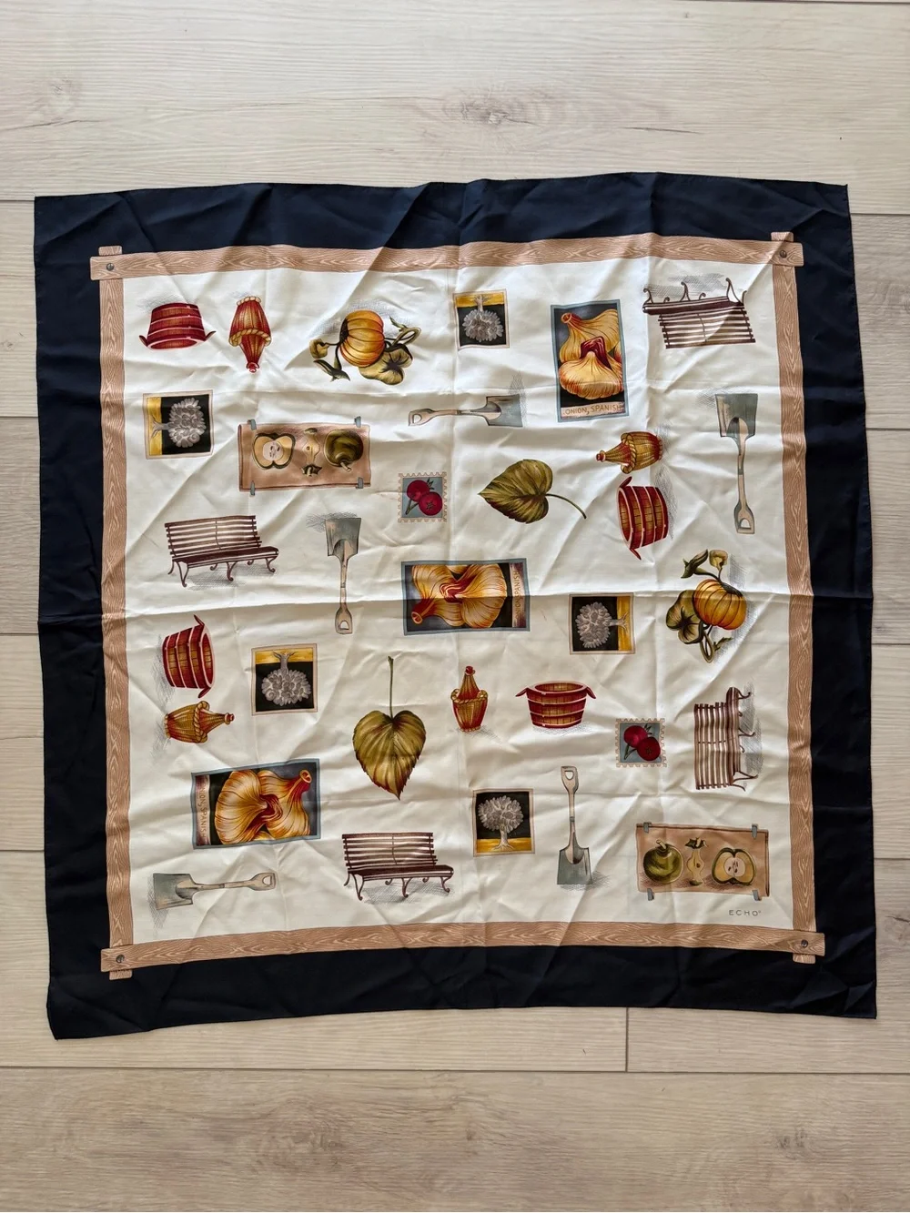 Echo Cream Silk Scarf with Black Border and Autumn Motif